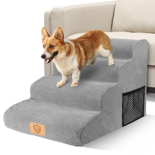MASTERTOP Hundetreppe 4 Stufen, Hunderampe für Sofa aus Hochdichtem Schaumstoff, Haustiertreppe mit Waschbarem Plüschbezug und Rutschfestem Boden für Große/Kleine Katzen und Hunde, Grau