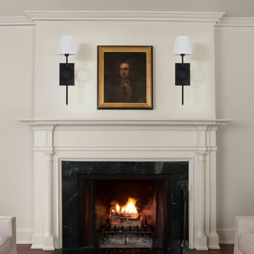 Image of ETONIMERR Modern Black Wall Sconces Set of Two, Wall Light Fixtures with White Pleated Fabric Shade, Industrial Wall Lamps for Bedroom Living Room Hallway Bathroom Vanity