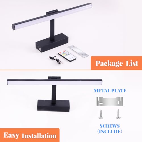 Image of Battery Operated Picture Lights for Wall 15.7inch Rechargeable Wireless Wall Light with Timer and Remote Dimmable Black Metal Art Light for Display Paintings Gallery Artwork Portrait