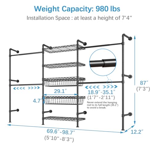 Timate X3 Expandable Wall-Mounted Garment Rack with Baskets - Adjustable Heavy-Duty Clothes Rack for Walk-In Closets, 5'10 to 8'3, Black