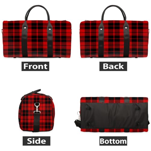 Rustic Buffalo Check Plaid Travel Duffel Bag, Black Red Tartan Sports Tote Gym Bag, Foldable Weekender Overnight Bag, Luggage Handle Bag for Women Men2
