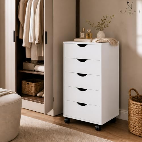 Image of Naomi Home 5 Drawer Storage Cabinet with Wheels White Wooden File Chest | Mobile drawer organizer with spacious storage, smooth-gliding drawers, and locking casters for home or office use.