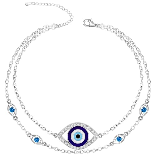 Image of Evil Eye Anklet Sterling Silver Infinity Lotus Flower Evil Eye Anklets for Women Ankle Bracelets Turkish Blue Eyes Protection Chain Jewelry