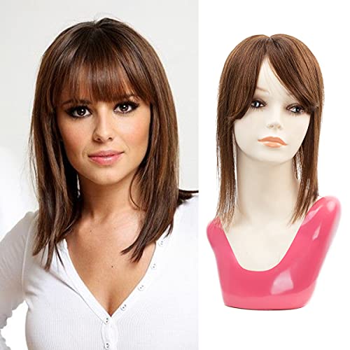 Isheeny Human Hair Toppers for Women with Thinning Hair 14" Silk Base Womens Medium Brown Toppers Hair Topper with Bangs Crown Top Clip on Toupee Extensions with 3 Clips Filler Hairpiece