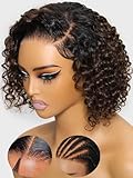 KLAIYI Ombre Brown Curly Bob Wig Human Hair Bye Bye Knots Glueless Wig Precut Lace Pre Bleached Pre Plucked 7x5Lace Front Easy to Wear Put On Go Wig with Dark Roots Side Part Balayage Brown Wig 12Inch
