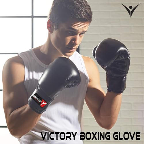 Image of VICTORY Boxing Gloves for Men & Women with Moulded Foam Padding Punching Bag Gloves for Boxing, Training, Kickboxing, Muay Thai, MMA, Durable Pu Material Twin Punching Gloves (Full Black, 10-12 Oz)