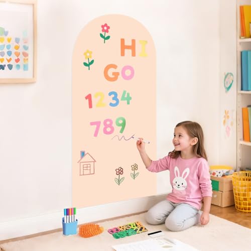 Image of OMKSIH Magnetic Wall Decal for Kids 39.3x17.5 Inch Milk Tea Color Magnetic Wall Decal Arch Chalkboard with Colorful Liquid Chalks Multiple Accessories for Home Playroom and Classroom