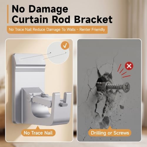 Universal Heavy Duty Curtain Rod Brackets, No Drill Curtain Rod Brackets with Adhesive & Invisible Nail, 30+LB Load Curtain Rod Holders, Damage Free Curtain Rod Hooks for Wall, Bathroom, Kitchen 4PC - 3