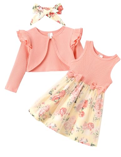 PATPAT Toddler Baby Girls Dress and Cardigan Mesh Sleeveless Playwear Dress and Ruffle Shrug with Headband, Multi-Color, 4-5 Years