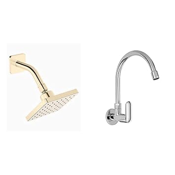 KOHLER Parallel Square Showerhead with Shower Arm (Vibrant French Gold Finish)+Kohler Kumin wall mounted Kitchen Faucet (cold only) (99482IN-4-CP)