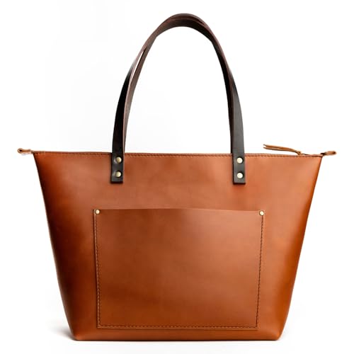 Portland Leather Goods Medium Zipper Tote Bag – Handmade, Durable & Unlined, Interior & Exterior Pockets – Honey