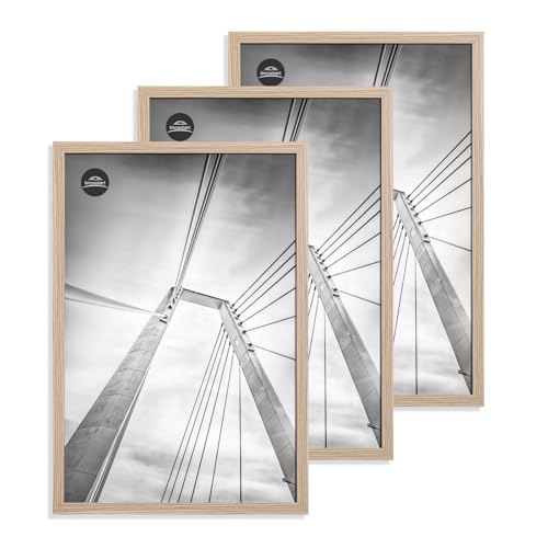 lincoolart Cadre 50x70 Bois Naturel Lot de 3 -MDF Cadre Photo 70x50 Mural avec Verre Acrylique Incassable - Pour Grandes Puzzle,Photos, Posters, Images