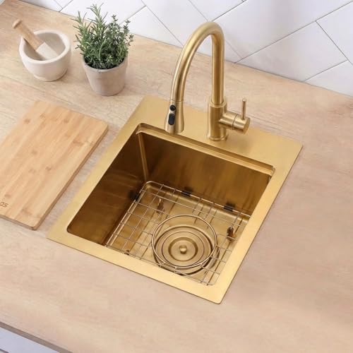 Image of LQS Brushed Gold Finish Kitchen Sink, Small Gold Drop In Bar Sink 16 inch x 18 inch with Cutting Board, 16 Gauge Stainless Steel Golden Kitchen Sink, 10 inch Depth For Daily Use, Outdoor and Prep Use