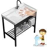 ✔【Accessoires complets】Un ensemble complet d'évier à linge comprend un évier en céramique avec planche à laver, un support d'évier autoportant avec étagère, un robinet noir avec des tuyaux d'eau chaude et froide, un drain d'évier.