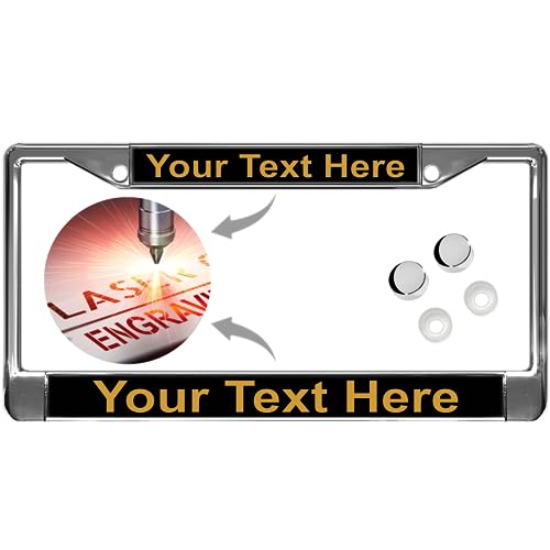 Image of Custom Personalized Chrome-Plated Metal Laser Engraved Standard Size - Car /Automobile License Plate Frame with Free caps - Black /Gold Text (Qty: 1 Frame)