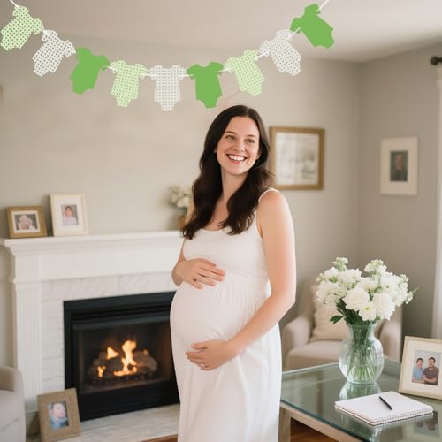 Image of ALISSAR Pre-Strung Green Gingham Bodysuit Baby Shower Banner-9 Double-Sided Onesie Cards-Sage Green Baby Shower Bunting, Baby Boy Girl Party Decoration
