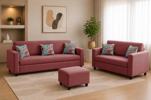 Image of Rosebell 3+2 Fabric Sofa Set with Ottoman | Premium Upholstery 5-Seater Sofa | with Printed Cushions | Living Room Furniture |Rose Pink-Color
