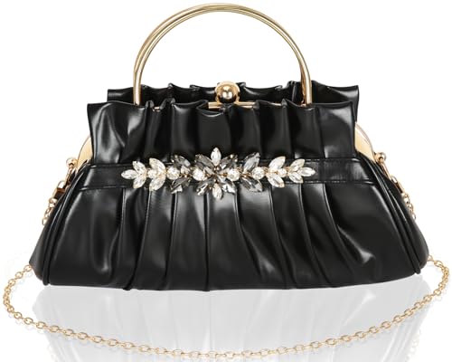 Beaguful Crystal Rhinestone Evening Bags Women's Pleated Clutch Purses Vintage Leather Handbags Black