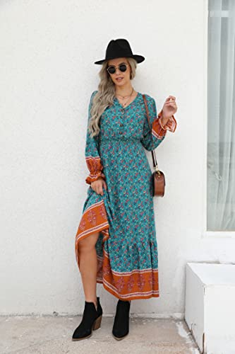 PRETTYGARDEN Long Sleeve Maxi Dress for Women V Neck Casual Button Down Boho Long Floral Dresses