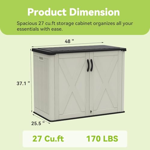 Image of Devoko 26 Cu Ft Plastic Outdoor Storage Cabinet, Beige | Horizontal Resin Storage Shed with Lockable Door, Water-Resistant Backyard Storage Box for Garden Patio, Shelf Not Included