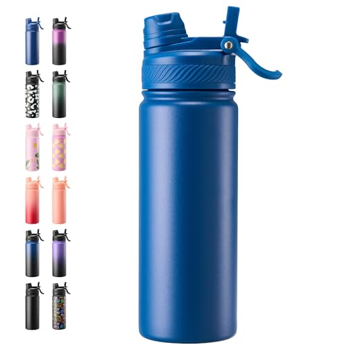 Fijinhom 18 oz Insulated Water Bottle 2-in-1 Straw and Spout Lid Stainless Steel Thermos Leak-Proof Double Wall Vacuum Flask Keep Cold 24H for Outdoor Sports Travel School (Blue)
