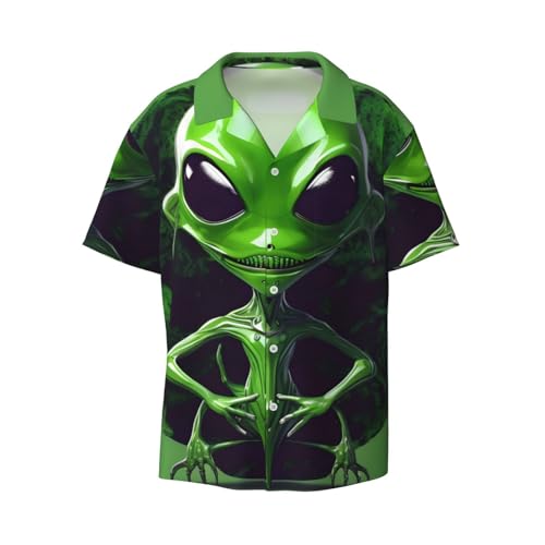Chemise manches courtes homme imprimé Alien verte boutonnée coupe classique à poche