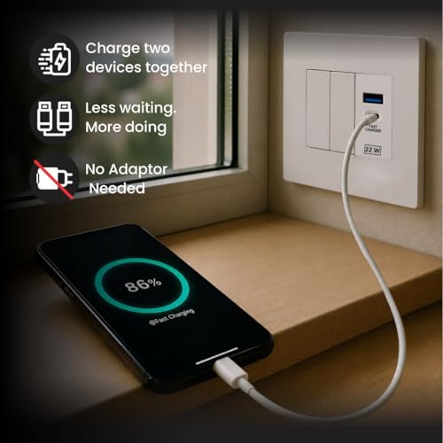 Image of 22W Fast Charging Wall Charger | Dual Port USB Type C Adapter Modular Socket | Power Socket with USB for Modular Switch Board & Wall Socket - White