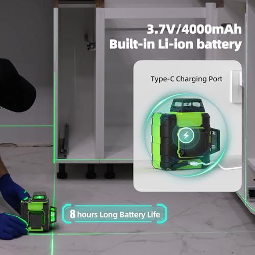 Huepar Niveau Laser Vert 3×360°avec 127m Trépied, Auto-nivelant avec Batterie Li-ion Rechargeable, 30-60m Laser à Lignes Croisées avec Mode Impulsion, Base Magnétique – pour Chantier & Bricolage – vue 2