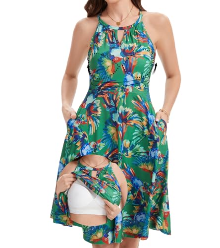 Image of ANYFITTING Built in Bra Halter Dresses for Women 2026 Summer Pockets Dress Flowy Midi Sundresses Beach Vacation