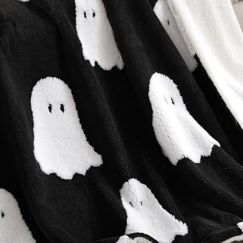 Smoofy Throw Blanket Halloween Blanket with White Ghost Black Throw Blankets for Bed and Couch Soft Fluffy Fleece Blanket 50x60 inches