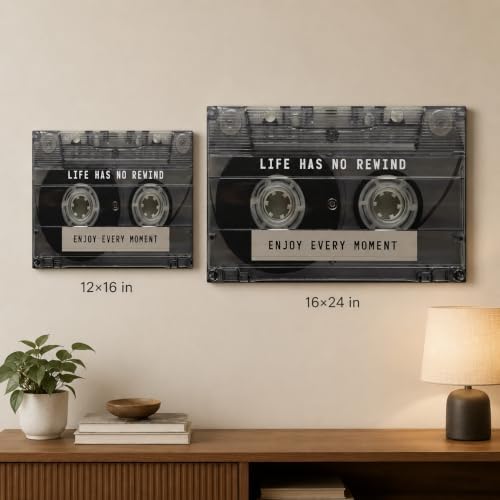 Retro Cassette Tape Canvas Wall Art, Life Has No Rewind Enjoy Every Moment Motivational Wall Decor, Vintage 80s 90s Music Framed Artwork for Living Room Bedroom Home Decoration 12x16 Inch - 5