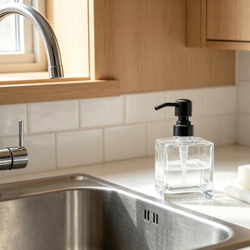 Image of Square Bathroom Soap Dispenser Oil Rubbed Bronze, Glass Bottles with Stainless Steel Pump Retangle Cube Liquid Soap Dispenser Hand Kitchen with Waterproof Lables