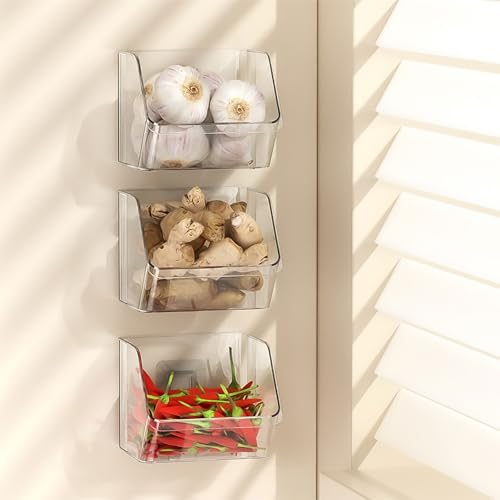 3 Pack Wall Mounted Storage Organizer Bins, Floating Shelves Fridge Organizer Storage Bins, Stackable Organizer Basket f - Detailed View