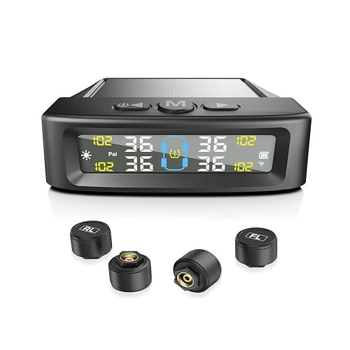 Tire Pressure Monitoring System - TPMS Sensors Set of 4, Solar Tire Pressure Sensor with USB Charging, 6 Alarm Modes, Auto On/Off, Voice Prompt, Color LCD Screen (0-87 PSI) for Car/Truck/SUV