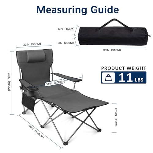 Image of apollo walker Reclining Beach Chair, Adjustable 90-135 Backrest Camping Lounge Chairs for Adults, Folding Chair with Foot Rest & Detachable Pillow - Standard 6-Leg, Grey