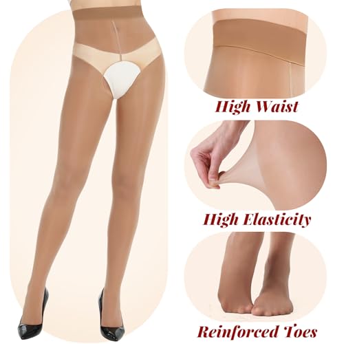 2 Pairs Shiny Sheer Tights Open Crotch Pantyhose for Women 15D Ultra Oil Shimmer Stockings with Control Top2
