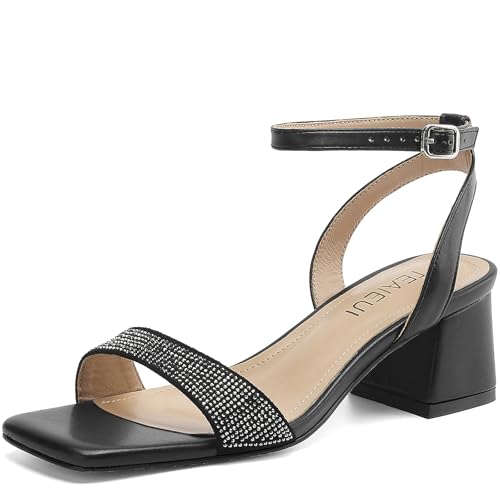 Image of TEAIEUI Block Heels for Women, Square Open Toe Heeled Sandals, Chunky Ankle Strap Shoes for Dress, Party, Prom, Low Heel 2 inch