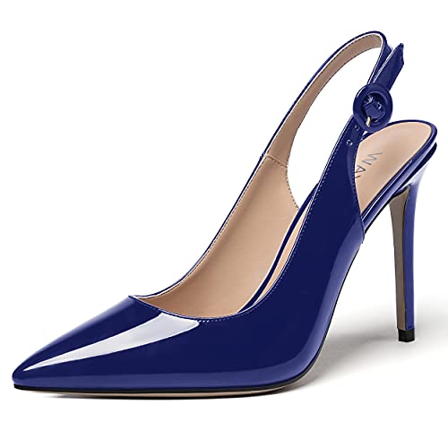 WAYDERNS Women's Patent Leather Buckle Pointed Toe Solid Slingback Stiletto High Heel Pump Shoes 4 Inch