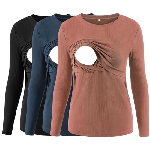 Love2Mi 3er Pack Damen Stillshirt Gerippte Langarm stilltops Doppellagige Umstandsmode Tshirt Umstandskleidung