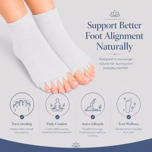 Image of Foot Alignment Orthopedic Cotton Socks for Men & Women | Five Toe Separator | Foot Pain Relief | Bunion Corrector | Plantar Fasciitis Support | Improves Posture & Flexibility | Free Size | White | 1 Pair
