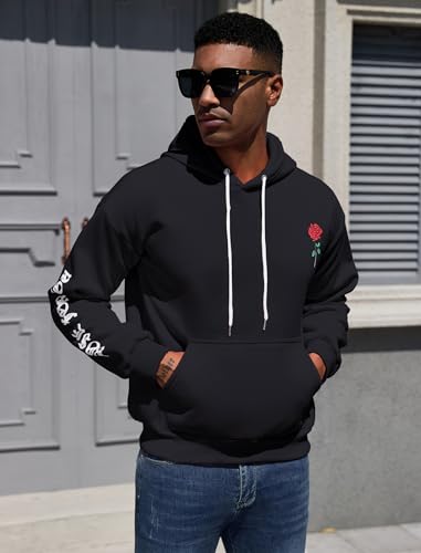 ZAFUL Men's Fleece Hoodie Unisex Rose Letter Print Hooded Pullover Kangaroo Pocket Sweatshirt3