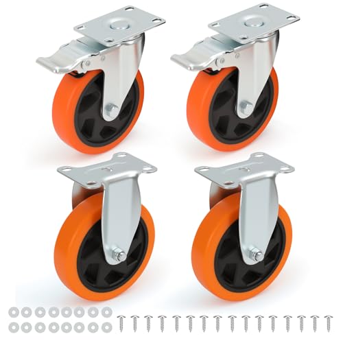 4 Roues de roulette de verrouillage de pouce Ensemble de 4, 2 Fixé 2 Frein PU | Roulettes fixes et verrouillables assurent un mouvement stable, un freinage sûr et un roulement adapté au sol.