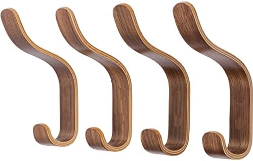 Plywood Wall Hooks Set of 4 Wood Coat Hooks Hanging Clothes Hats Robes Towels Walnut Wooden
