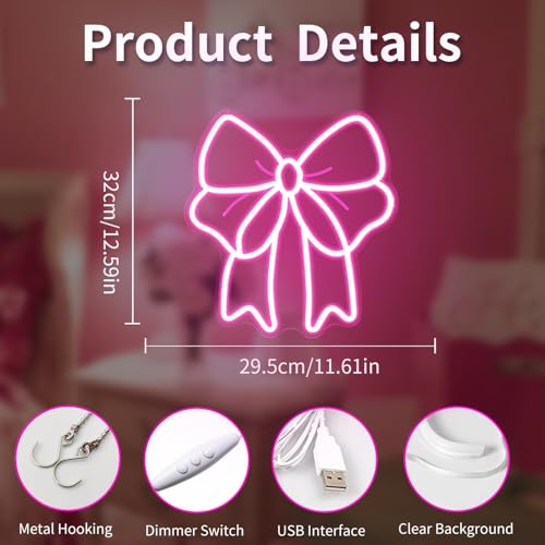 Image of Pink Bow Neon Sign Bows Neon Lights for Bedroom Dimmable Coquette Ribbon Bow Birthday Decorations Pink Wall Art Bow Wall Decor Led Sign Gifts for Girls Party