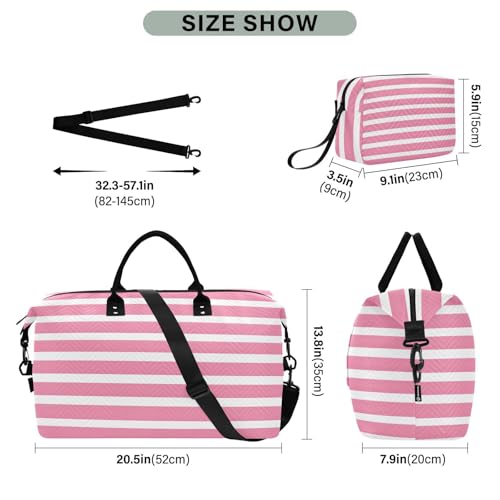 Pink and White Stripe Travel Duffle Bag,Large Weekender Travel Bag for Women Men Waterproof Luggage Bag with Trolley Sleeve,Airplane Travel Essentials for Flying3