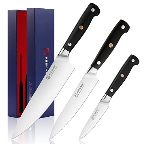 KEEMAKE Kitchen Knife Sets 3 Pieces - Sharp Kitchen Knives with High Carbon Stainless Steel 1.4116 Professional Chef Knife Set, Cooking Knife Set with Ergonomic Black Handle Cutting Knives Set