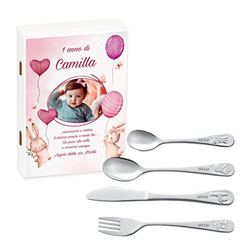 Maverton Set Di 4 Posate Per Bambini Con Incisione + Scatola In Legno Con Stampa Personalizzata - Motivo Animali - Idee Regalo Per Battesimo Bimba - Conigli