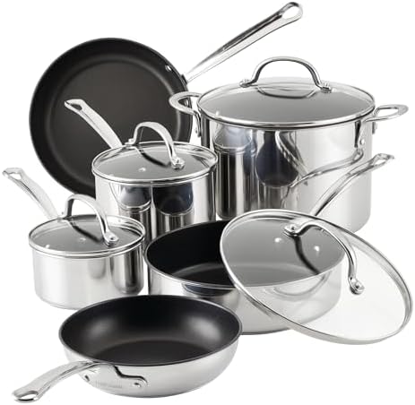 Farberware Millennium Stainless Steel Nonstick Cookware Set, 10-Piece Pot and Pan Set, Stainless Steel