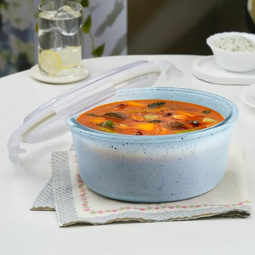 Image of Borosil 1.5 L ml Blue Food Storage Container with Air Tight Lid | Round Shape Borosilicate Glass Organiser | Microwave & Dishwasher Safe | For Fridge, Kitchen Storage