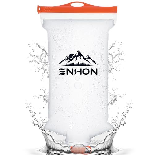 Enhon 2L Water Bag for Hiking Compatible with 28mm Sawyer Water Filter, Durable TPU Material Collapsible Bladder for Camping Fishing or Traveling, PVC Free Squeeze Pouch